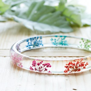 Rainbow Flower Bangle / Rainbow Lace Flowers / Skinny Stacking Bangle / Resin Bangle / Stacking Bangle / Gifts for Her / Real Flower Jewelry
