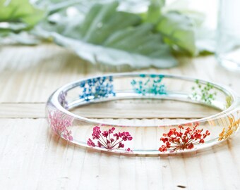 Rainbow Flower Bangle / Rainbow Lace Flowers / Skinny Stacking Bangle / Resin Bangle / Stacking Bangle / Gifts for Her / Real Flower Jewelry