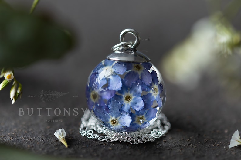 Forget Me Nots Necklace / Globe / Pressed Flower Necklace / Gifts For Her / Memorial Necklace / Something Blue / Birthday Gifts / Jewelry image 3
