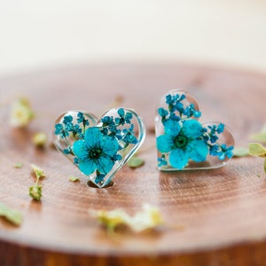 Real Flower Earrings / Blue Hearts / Sterling Silver / Something Blue / Resin Jewellery / Gifts for Her / Gifts for Sister / Bridal Jewelry image 2