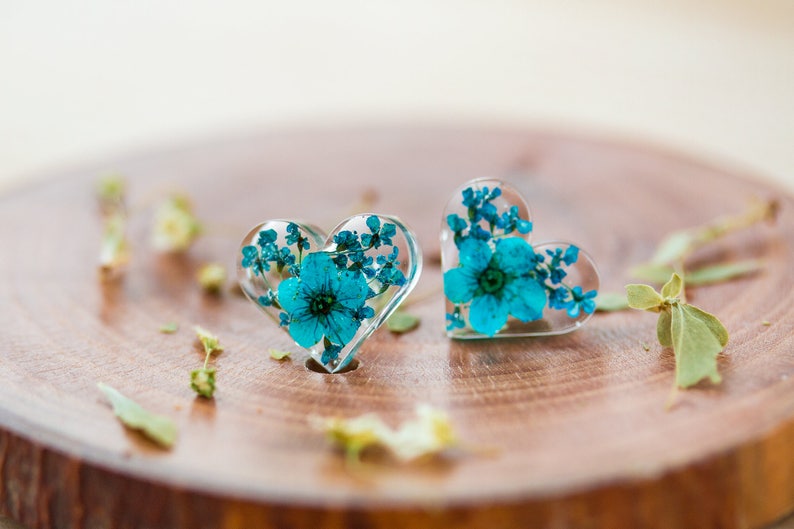 Real Flower Earrings / Blue Hearts / Sterling Silver / Something Blue / Resin Jewellery / Gifts for Her / Gifts for Sister / Bridal Jewelry image 2