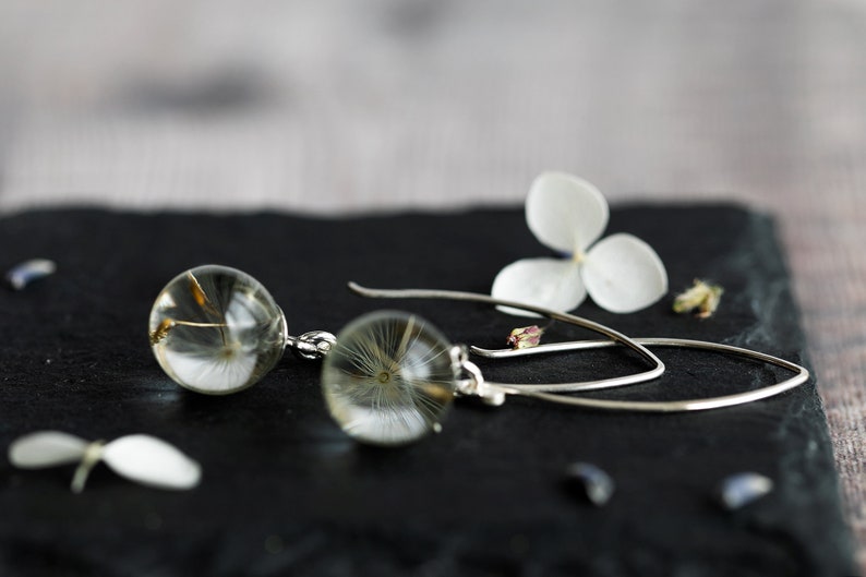 Tiny Dandelion Threader Earrings / Sterling Silver / Dandelion Wish Earrings / Silver Earrings / Pressed Flower Earrings / Boho Earrings image 4