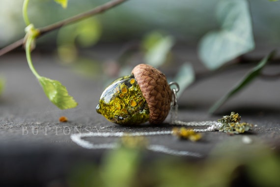 Real Lichen Acorn Necklace: Goblincore Forest Jewelry | Mossy Botanical Pendant | Earthy Nature Gift