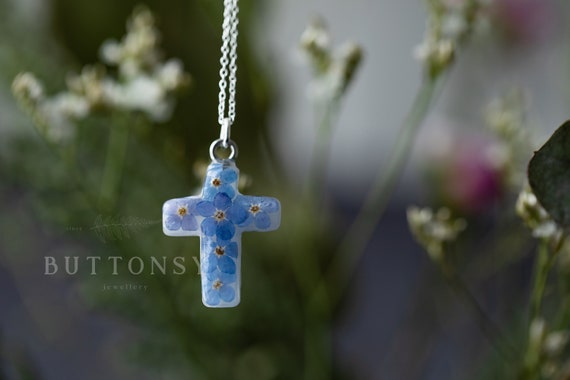 Forget-Me-Not Flower Cross Necklace: Handmade Pendant