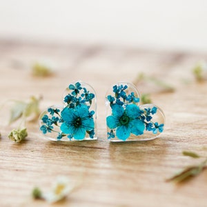 Real Flower Earrings / Blue Hearts / Sterling Silver / Something Blue / Resin Jewellery / Gifts for Her / Gifts for Sister / Bridal Jewelry image 4