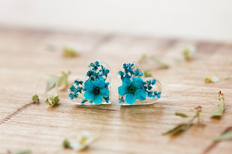 Real Flower Earrings / Blue Hearts / Sterling Silver / Something Blue / Resin Jewellery / Gifts for Her / Gifts for Sister / Bridal Jewelry image 4