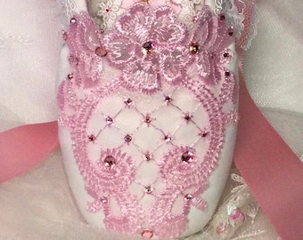 Fairy Doll white and Pink decorated pointe shoe.  Ballet decor. Ready to Ship!
