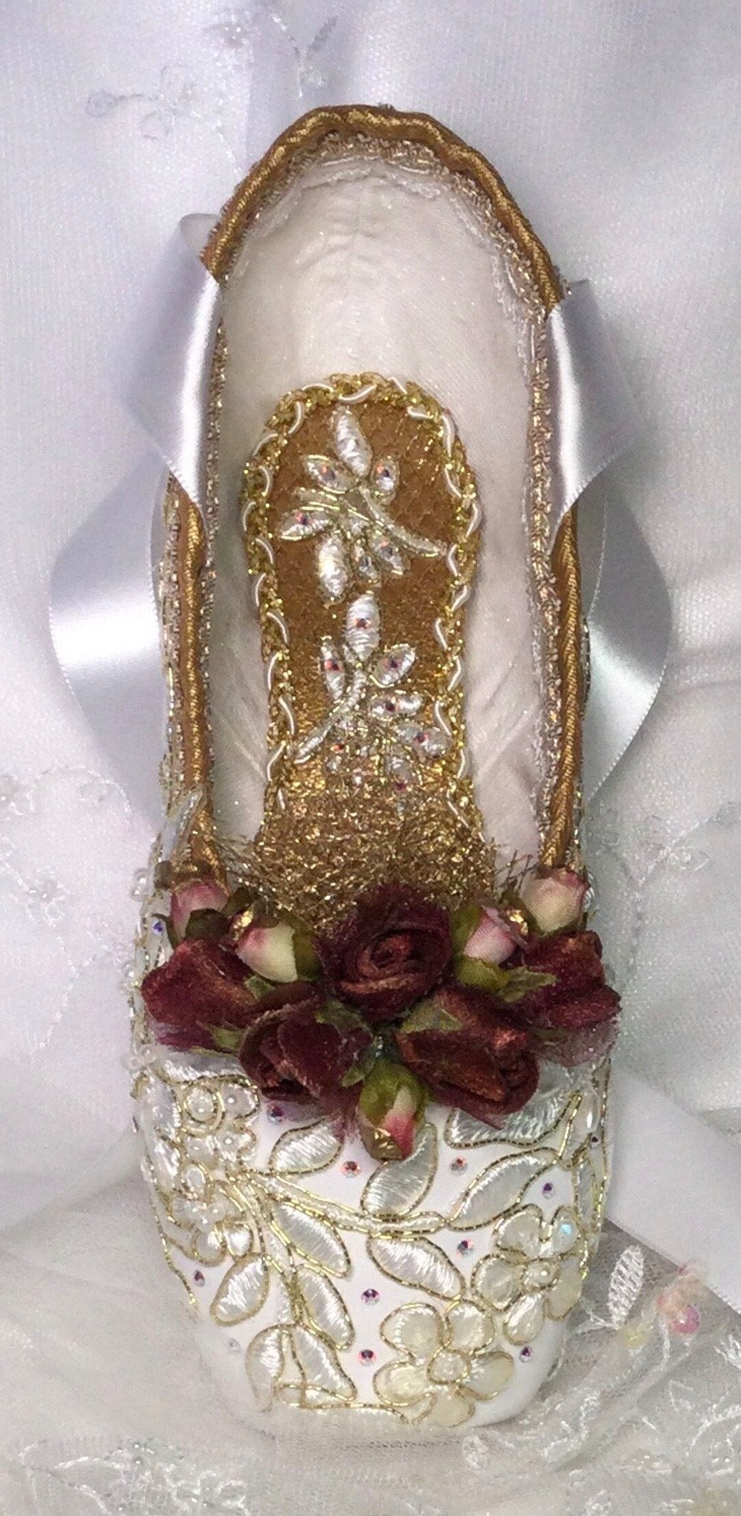 Aurora s wedding themed decorated pointe shoe spelling beauty ballet