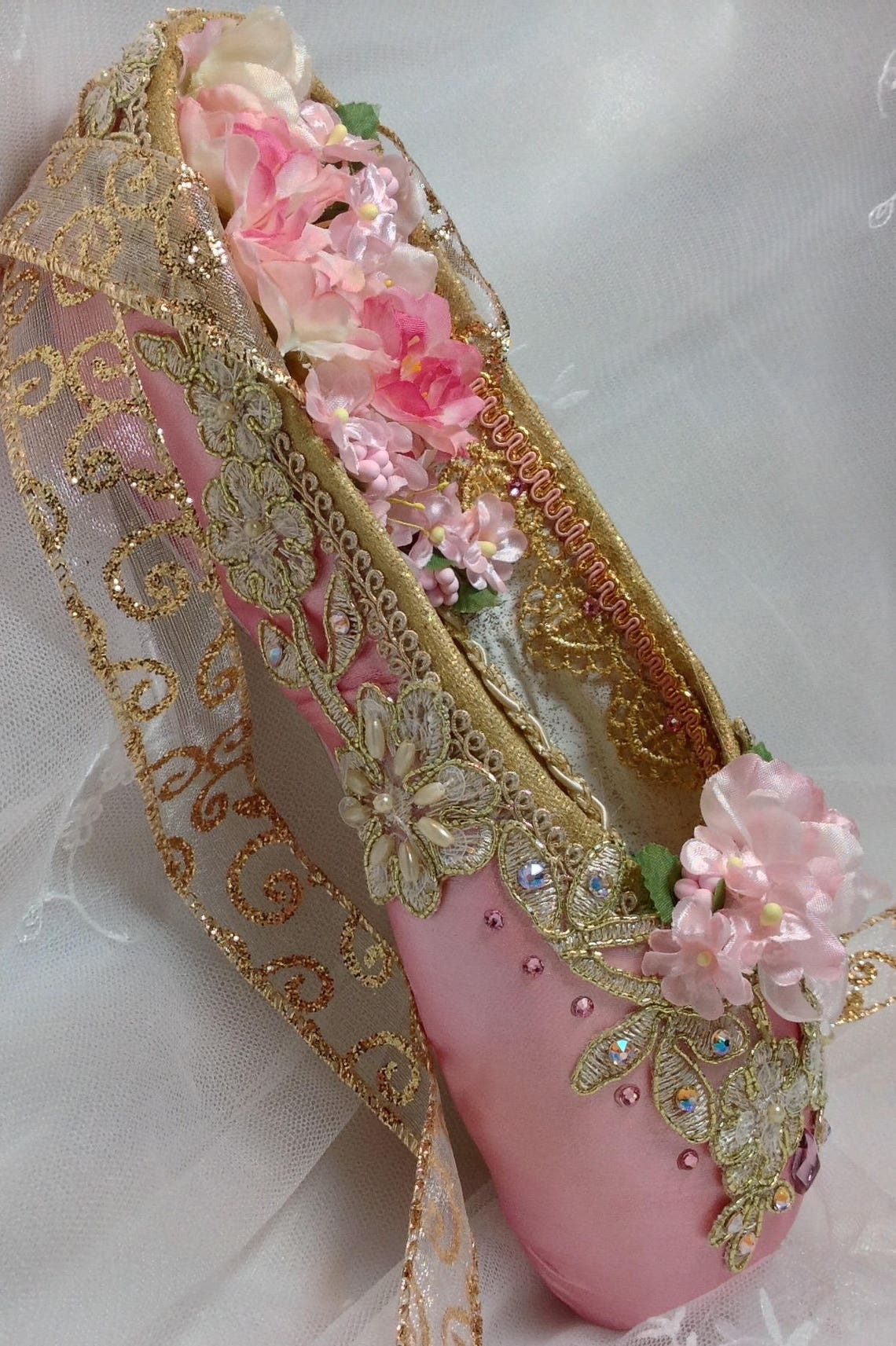Decorated pointe shoe in pink and gold. Waltz of the Flowers. Etsy