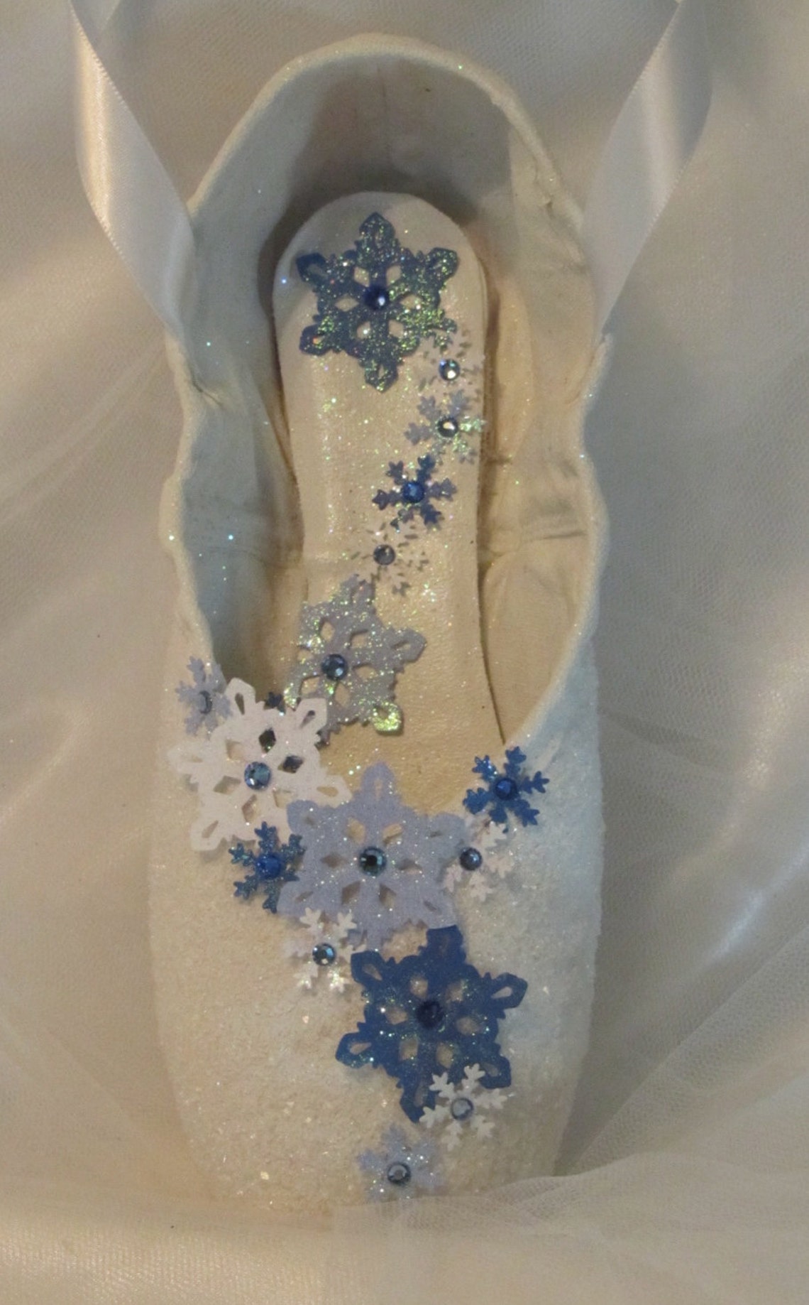 Nutcracker snow scene decorated pointe shoe. White and blue Etsy