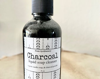 Charcoal infused liquid soap natural organic mineral Castile skin cleanser acne pump bottle 4oz.