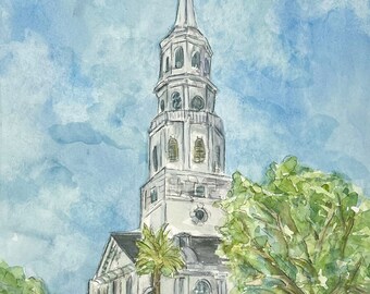 May include: Watercolor painting of a white church with a tall steeple against a blue sky with white clouds. The church is surrounded by green trees and a palm tree.