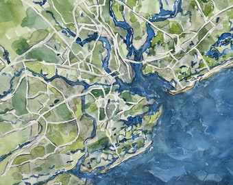 Charleston Area Watercolor Map Fine Art Print and Cards