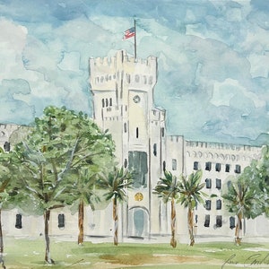 May include: A watercolor painting of a white building with a tower and a clock. The building has a flag flying from the top of the tower. There are trees and palm trees in front of the building.