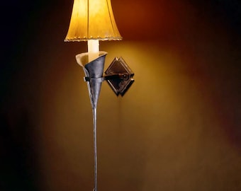 Hand Forged Large Calla Iron Wall Sconce w/ Candle and Sheepskin Shade