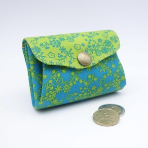 Porte-monnaie bicolore vert anis et bleu, 3 poches en accordéon, tissu renforcé, petit portefeuille pour cartes et monnaie