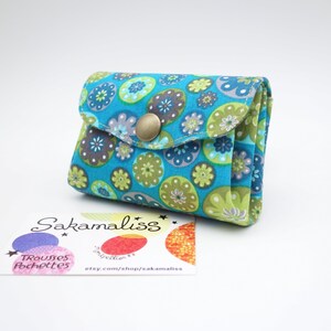 Porte-monnaie à 3 poches en accordéon, tissu renforcé, rosaces bleu turquoise et vertes , petit portefeuille pour cartes et monnaie