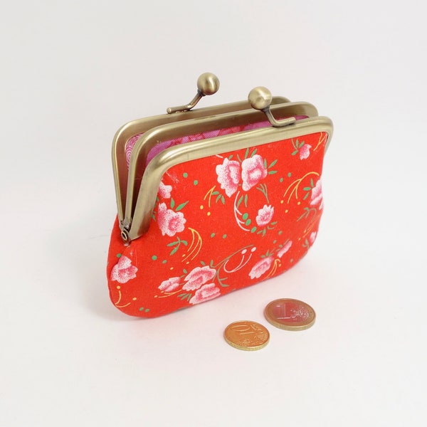 Porte-monnaie rouge à fermoir, 2 sections pour cartes et monnaie, coton Petit Pan d'inspiration japonaise