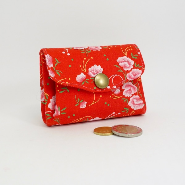 Porte-monnaie rouge pour femme, 3 compartiments, tissu français Petit Pan d'inspiration japonaise