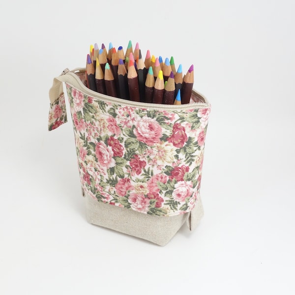 Trousse à crayons verticale, pot à crayons transformable, tissu fleuri et toile de coton beige