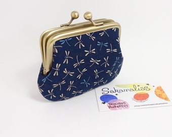 Japanese fabric frame purse, kisslock change purse with 2 sections, dragonflies on navy blue