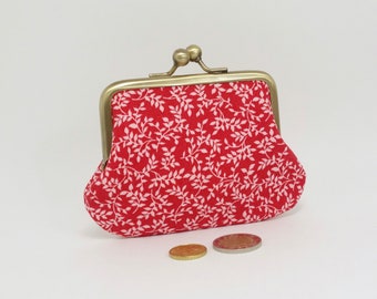 Kisslock change purse, 2 section frame coin purse, white leaves on red