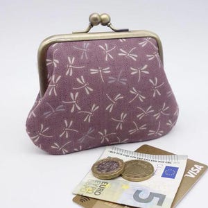 Portamonete con chiusura retrò in metallo, tessuto giapponese, libellule su sfondo viola, 2 scomparti per carte bancarie e contanti