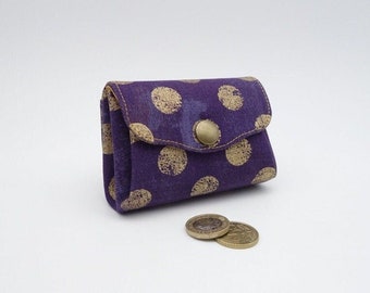 3 compartment change purse, golden dots on purple fabric, accordion coin purse and car holder
