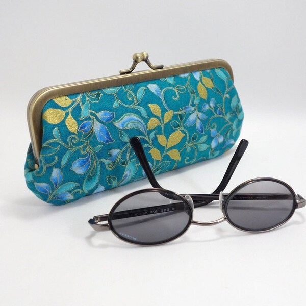 Trousse pour lunettes, coton turquoise et doré, étui matelassé, pochette à fermoir