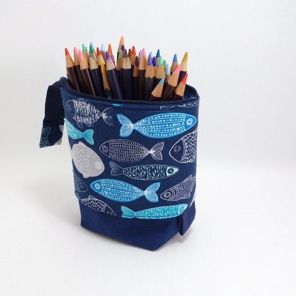 Trousse à crayons verticale, pot à crayons transformable, poissons bleus