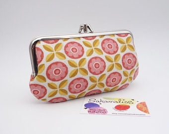 metal frame wallet, large change purse for women, pink & yellow retro inspired fabric