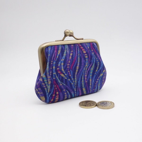 Kisslock twin change purse, metal frame coin and card purse, japanese blue, purple, golden fabric