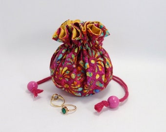 Jewelry drawstring bag, watercolours on fuchsia pink, 8 pockets and ring carrier