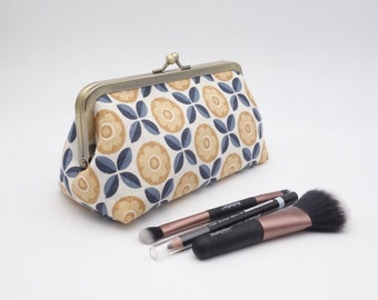 seventies inspired fabric kisslock purse, makeup bag with metal frame, slate blue & beige