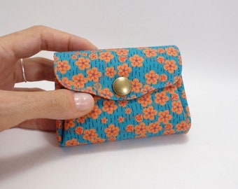 Change purse and card holder, orange carnations on turquoise blue cotton fabric, 3 accordion pockets
