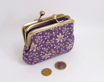 Lilies on purple change purse, clasp frame coin purse with 2 pockets for cash and credit cards