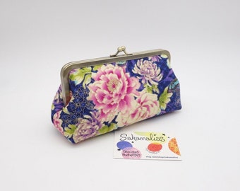 Japanese fabric kisslock purse, makeup bag with clasp, large flowers on night blue and purple