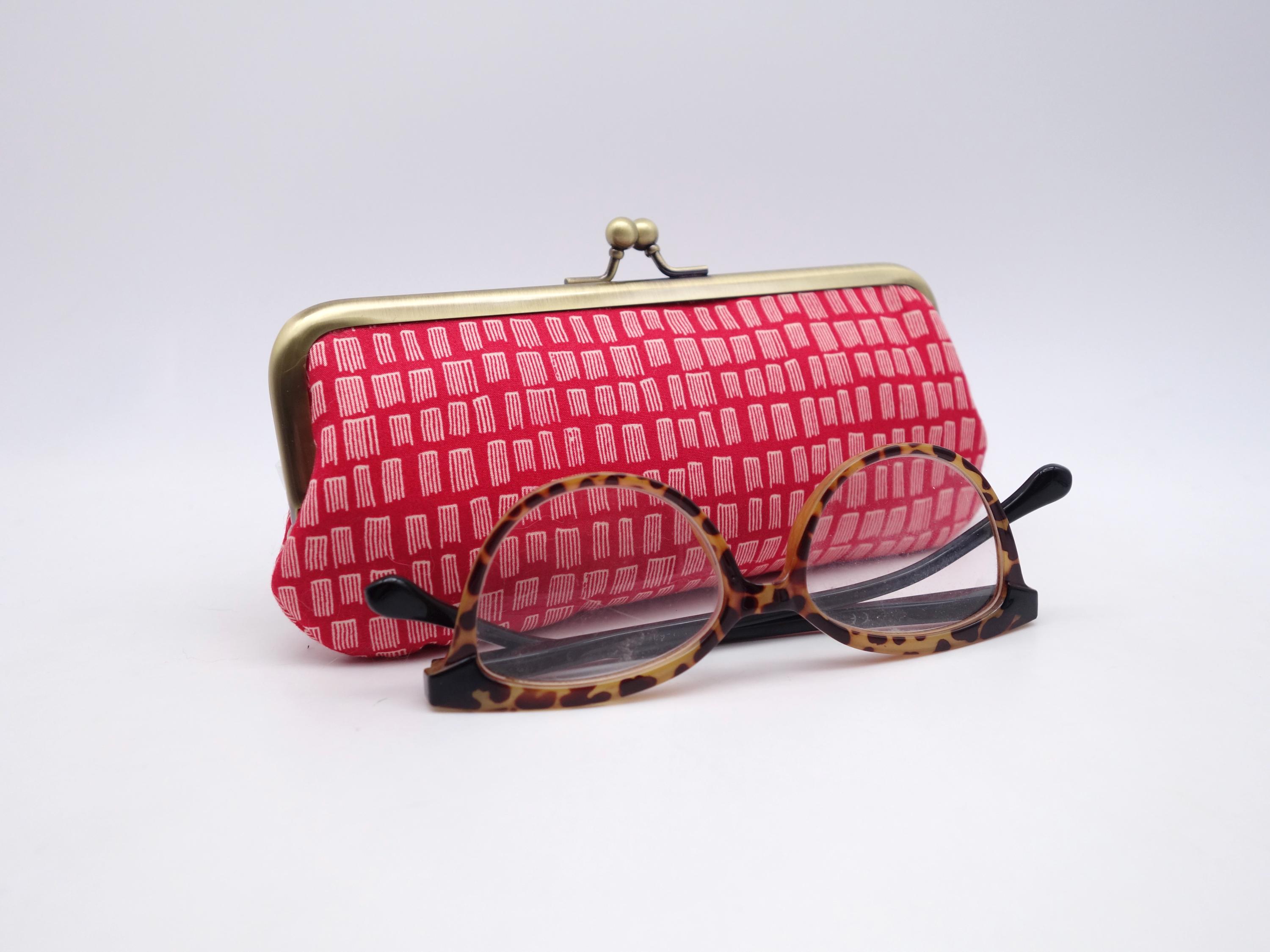 Handmade Quilted Glasses Case - Red Cotton Eyeglass Holder With Kiss Lock Clasp - Soft Protective Pouch for Small Stuff Made in France