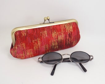 Red & golden fabric fabric kisslock glasses case, sleeve for reading glasses or sunnies