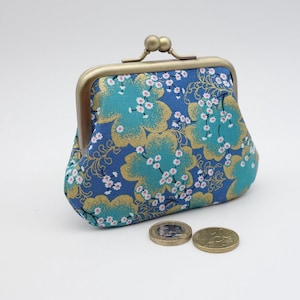 Porte-monnaie à fermoir, 2 sections pour cartes et monnaie, tissu japonais bleu et or