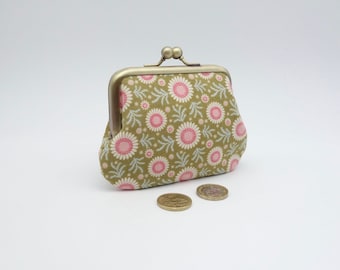 Two section kisslock change purse, avocado green Tilda fabric, metal frame coin purse