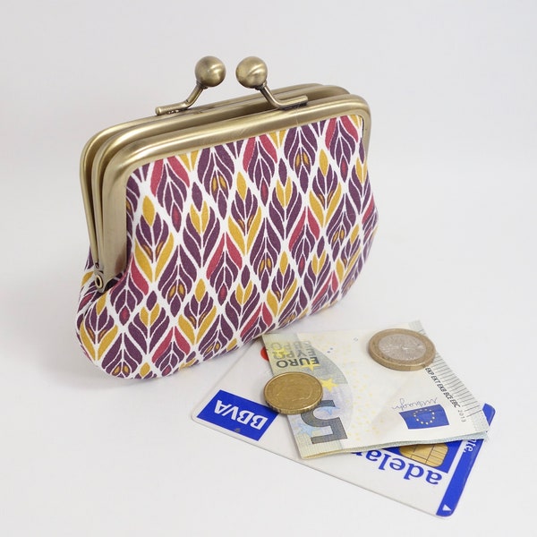 Petit porte-monnaie rétro à fermoir double en coton jaune et violet, 2 poches pour cartes et cash