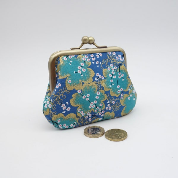 Blue & golden japanese fabric kisslock change purse with 2 sections, metal frame coin purse