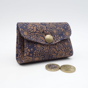 Porte-monnaie à 3 poches en accordéon, tissu Cloud 9 bleu et brun, pochette pour cartes et monnaie