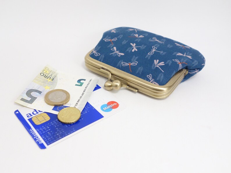 Dragonfly japanes fabric kisslock change purse with 2 sections metal frame coin purse
