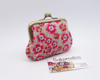 Vintage Kiss lock Coin Purse, Liberty Tana Lawn Fabric, Fuchsia Carnation Blossom, Small Handmade Wallet Handmade in France