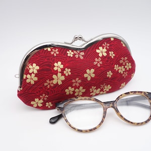 Red & golden sakura japanese fabric eyeglasses case, padded pouch with long metal frame for sunnies or reading glasses.