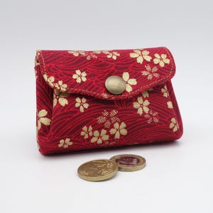 Porte-monnaie à 3 compartiments en tissu japonais rouge et doré, petit portefeuille compact en accordéon
