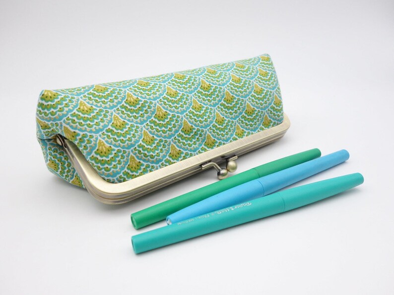 Kisslock pencil case Blue, green and golden scallops Closure through long metal frame for easy acces to contents image 5