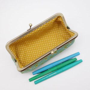 Kisslock pencil case Blue, green and golden scallops Closure through long metal frame for easy acces to contents image 3